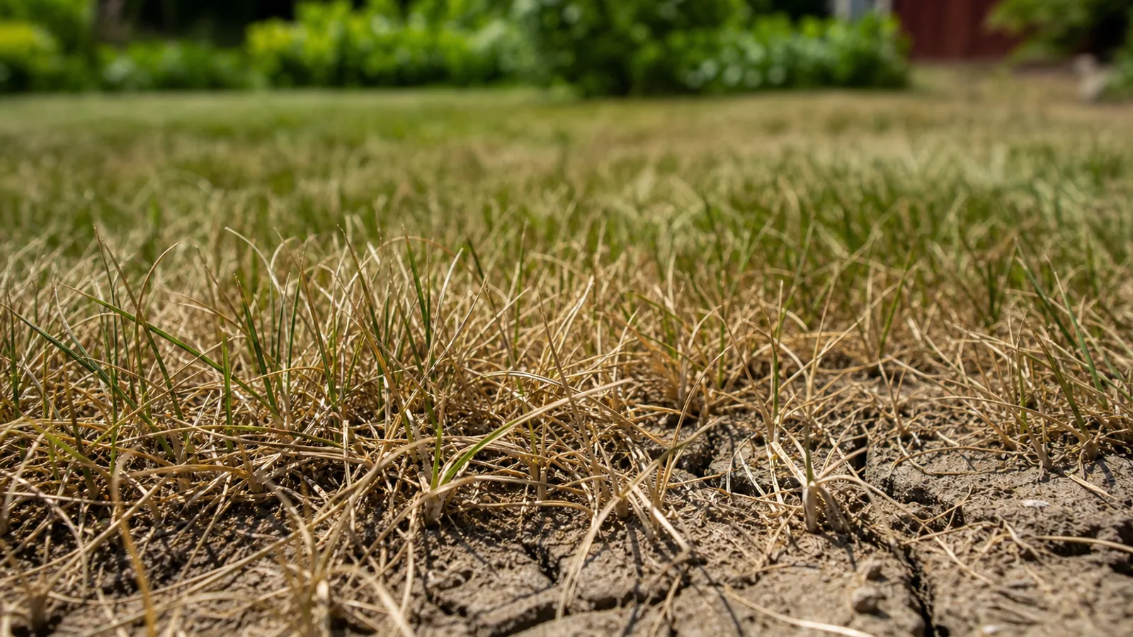 Vertrockneter Rasen mit eingerollten Halmen und rissiger Erde, Hochsommer-Mittagslicht