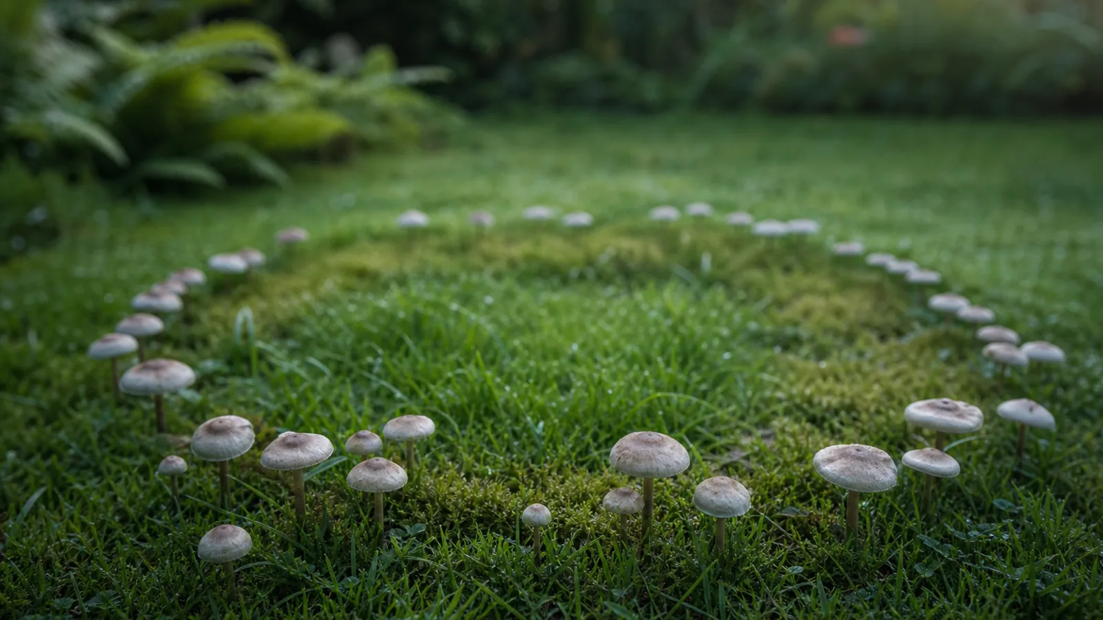Kreisförmig angeordnete kleine Hutpilze im Rasen, leicht dunklerer Grasring, mystische Morgenstimmung