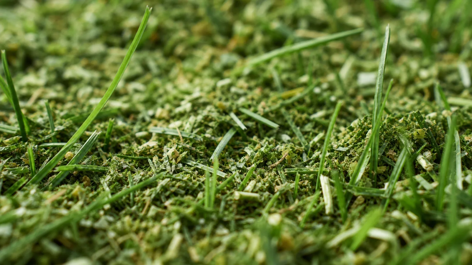 Fein zerkleinertes Schnittgut zwischen frischen Grashalmen, Nahaufnahme aus Bodenperspektive, weiches natürliches Licht