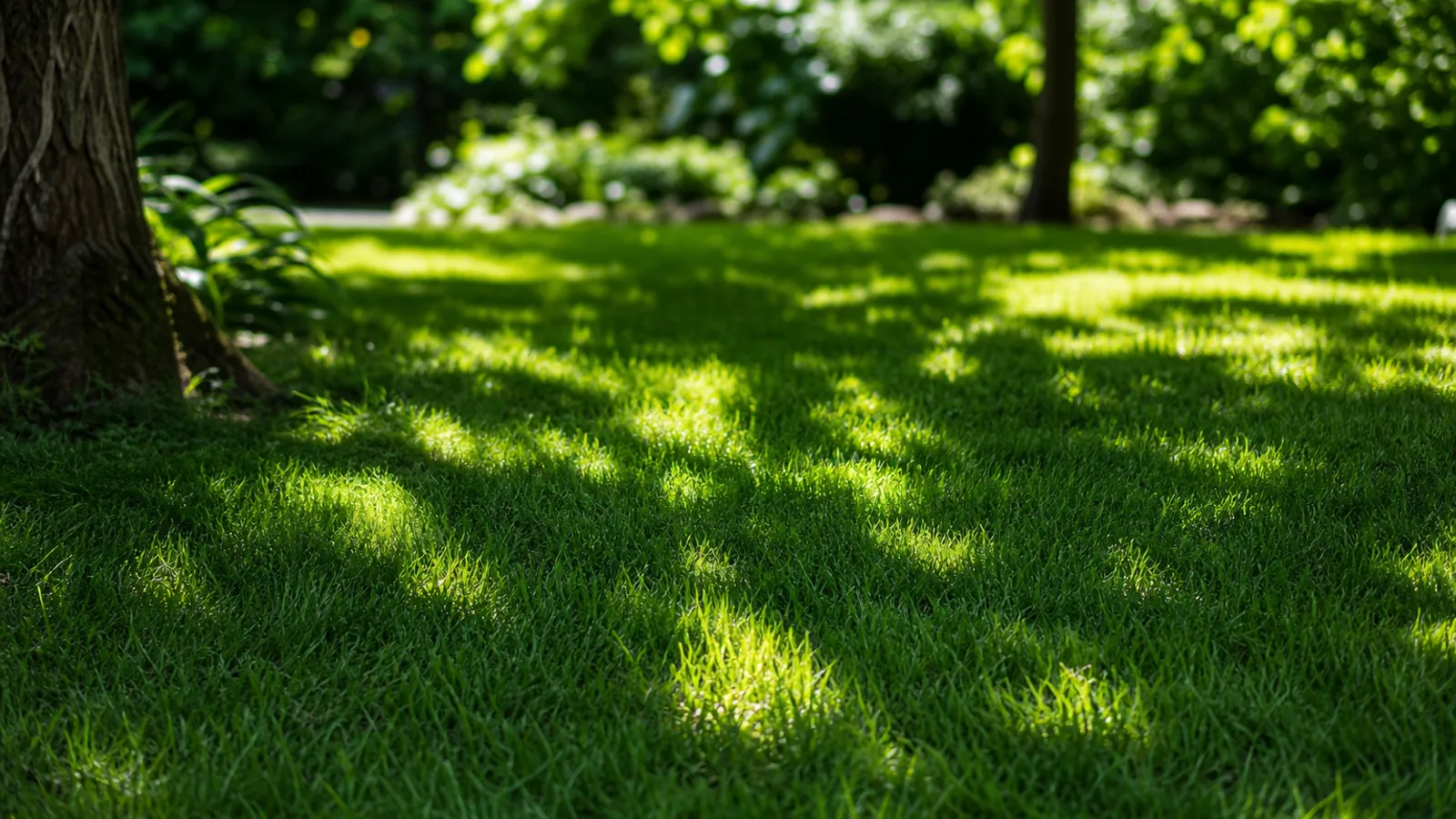 Rasenfläche unter lichten Laubbäumen mit dappled Sunlight-Lichtflecken, hellgrüne und dunklere Bereiche, ruhige Morgenstimmung
